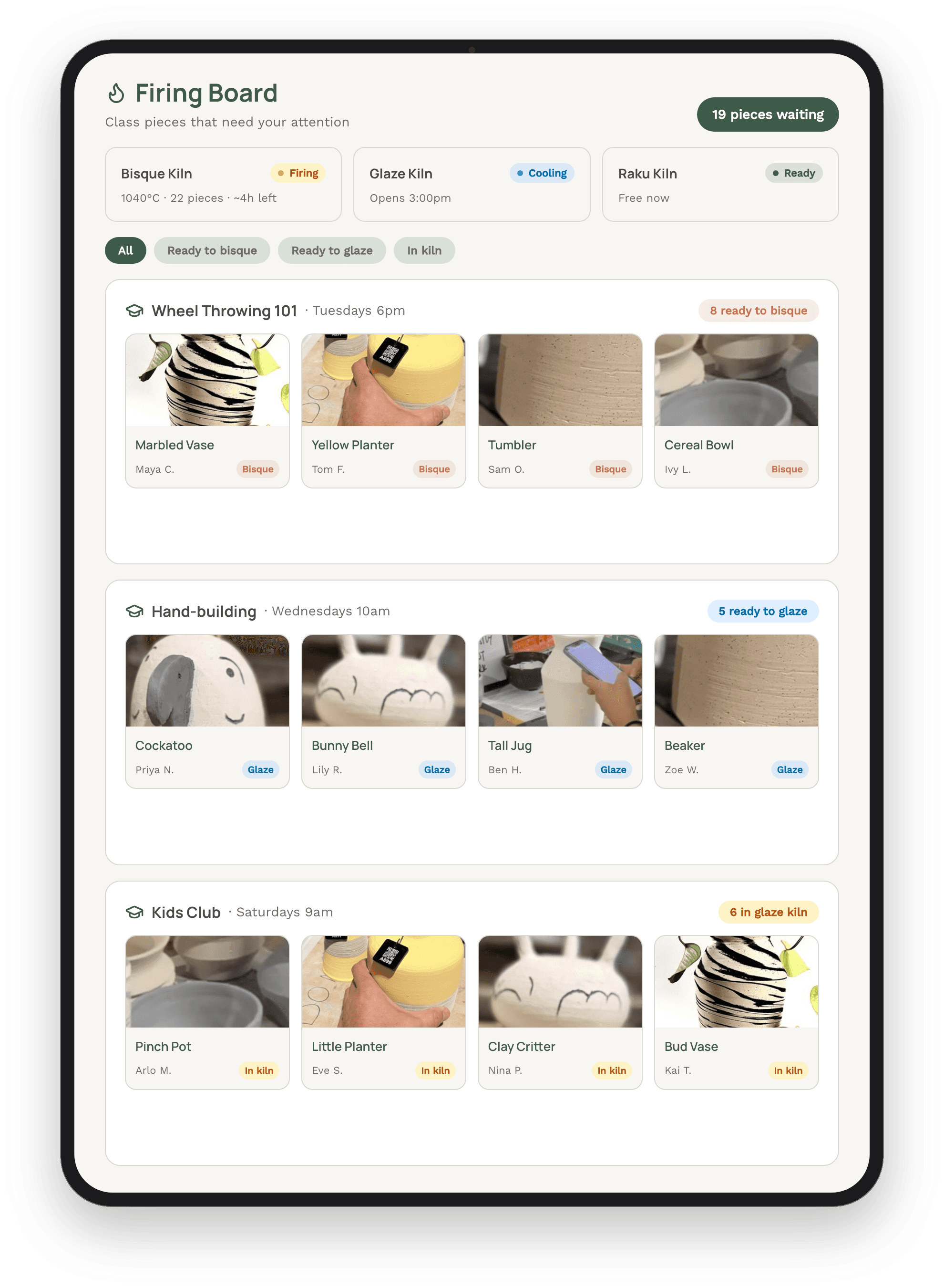 The MudBuddy class firing board: every class's pieces and their firing stage in one view.