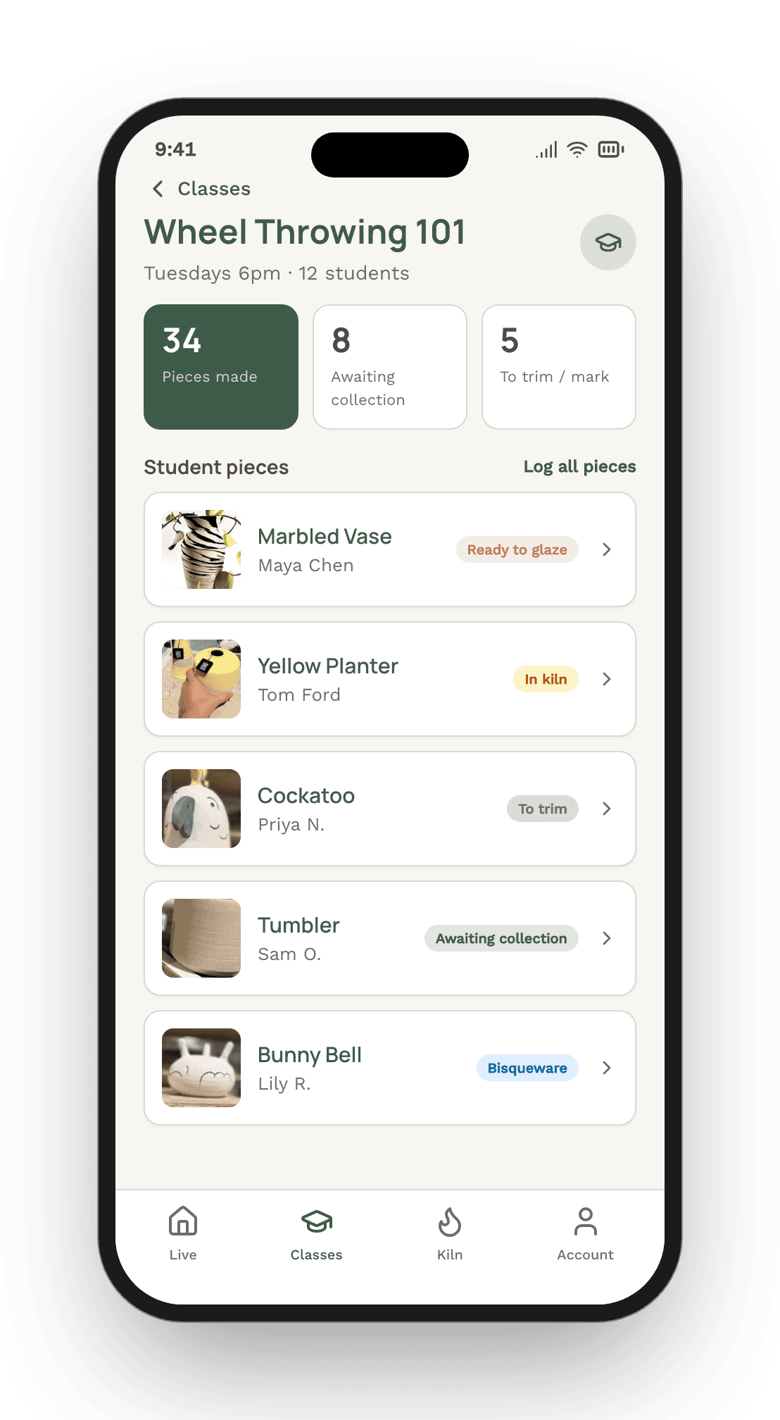 The MudBuddy app: a class's student pieces with statuses like Ready to glaze, In kiln and Awaiting collection.