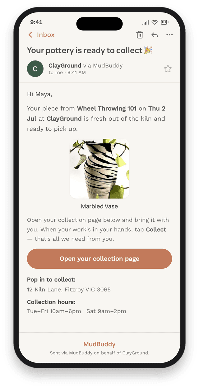 A student's email letting them know their pottery is ready to collect