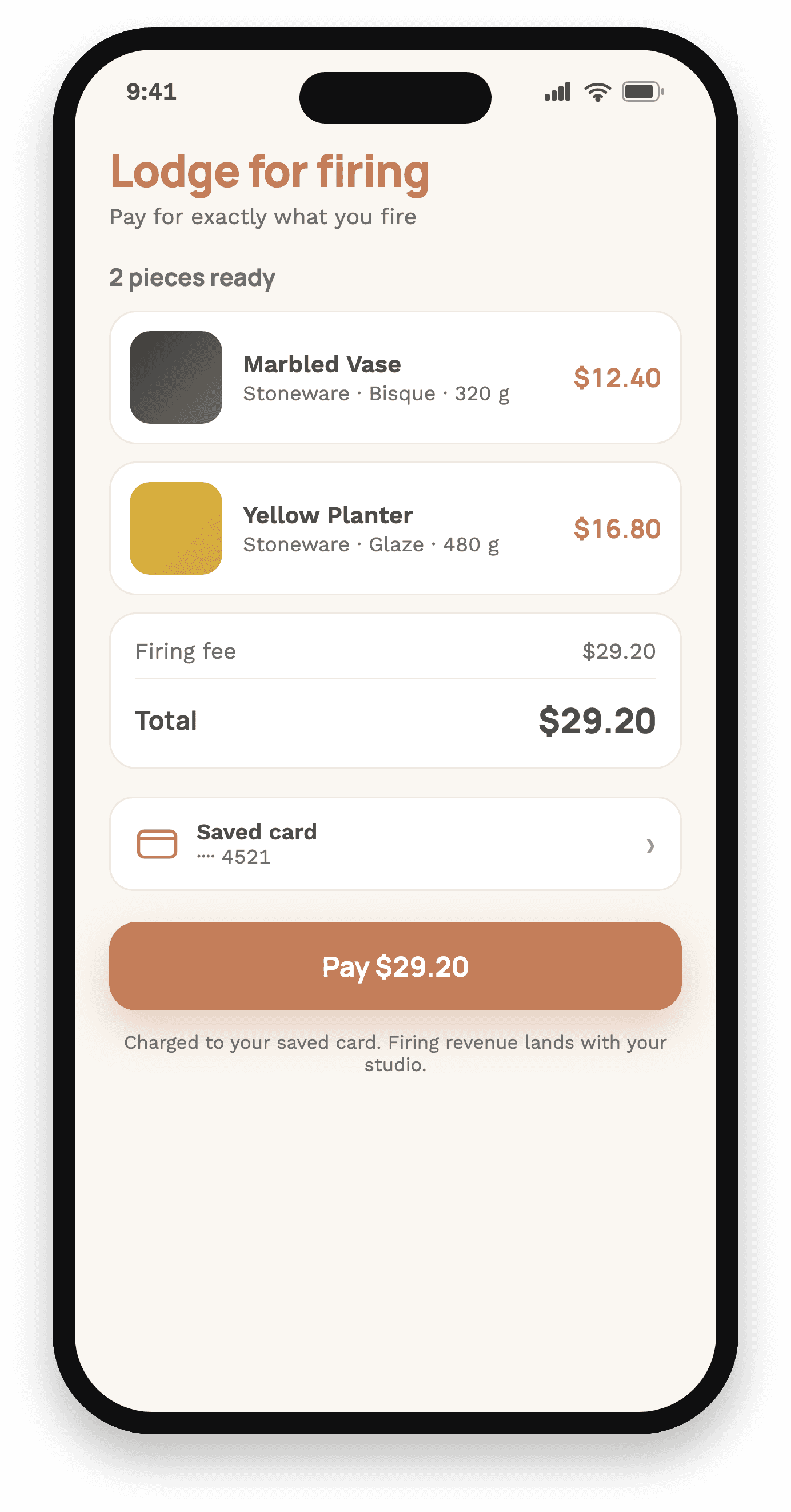 The MudBuddy app: a firing payment listing each piece's weight and charge.