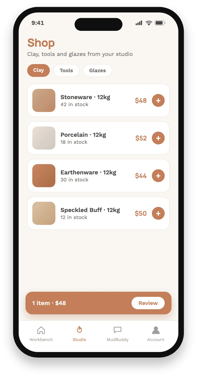 The MudBuddy app shop, showing studio clay and supplies with stock levels