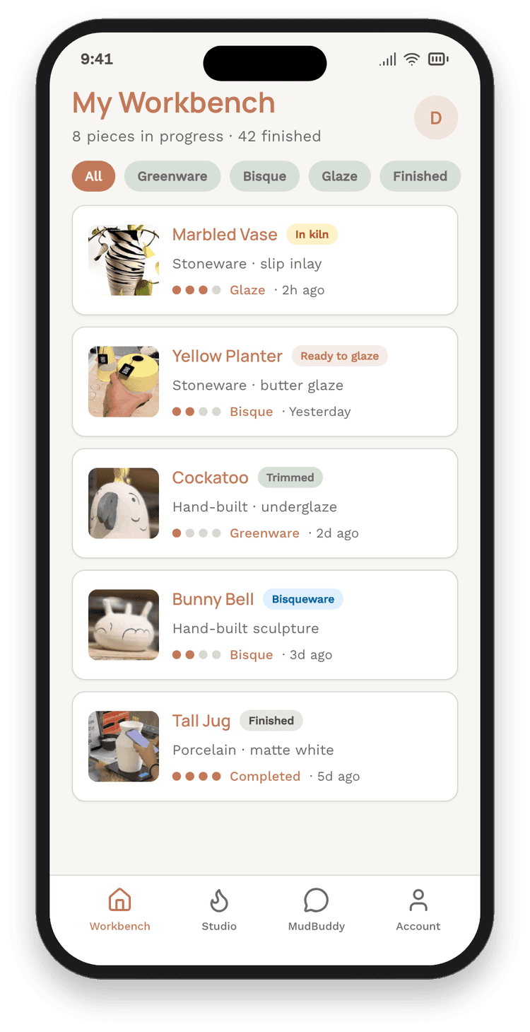 The MudBuddy app showing a potter's workbench, with pieces and their stages